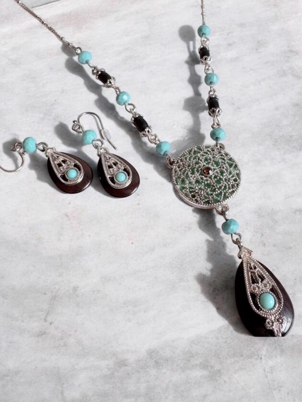 Vintage Avon Boho Southwest Filigree Medallion Necklace Set Turquoise Amber